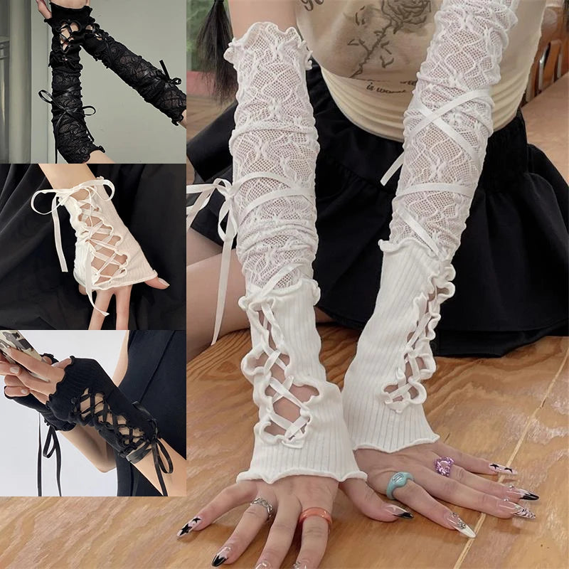 Women Strapping Lace Fingerless Hot Sexy Arm Sleeves DIY Lace-up Sunscreen Gloves Elastic Mesh Punk Gloves Mountaineering Gloves