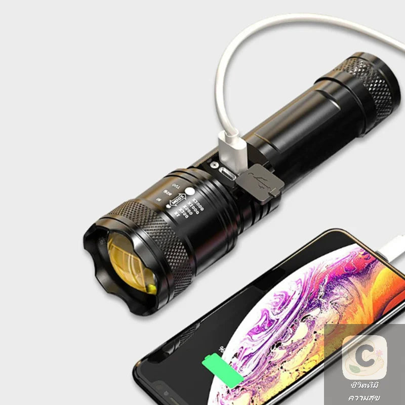 LED 18650 Flashlight Waterproof Camping Hiking Emergency Survival Lamp USB Rechargeable High Power Telescopic Zoom Flashlights