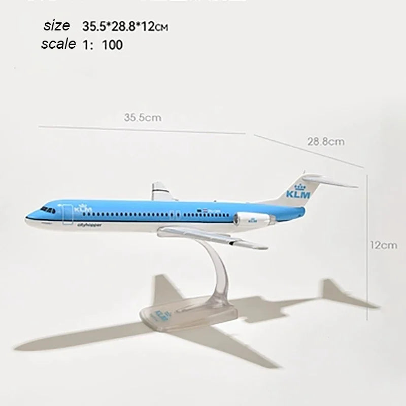 1:100 Scale KLM Fokker FK-100 Airlines ABS Plastic Airplane Model Toy Aircraft Plane Model Collection Display Decoration Gifts