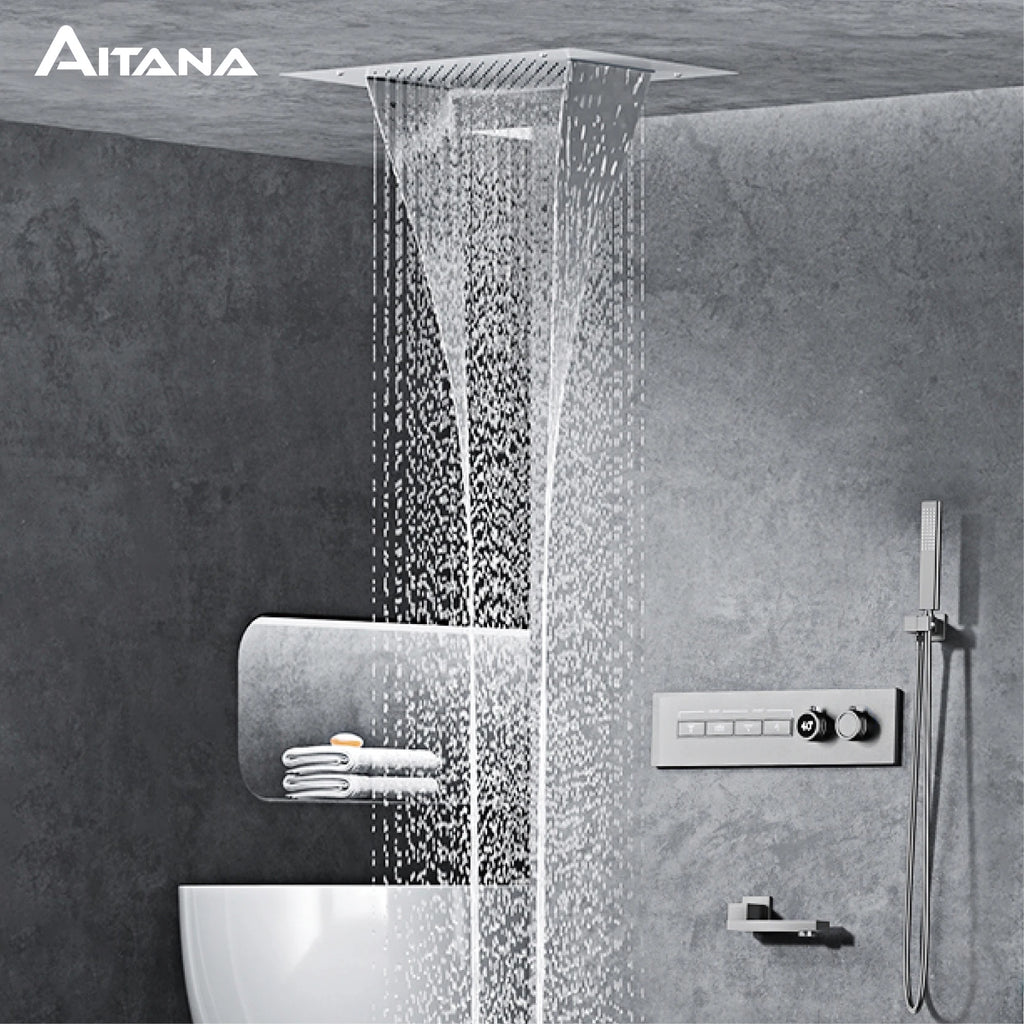 Luxury Black Brass Shower System Wall-Mounted LED Digital Display Design Cold & Hot Dual-Control 4-Function Ceiling Shower Tap