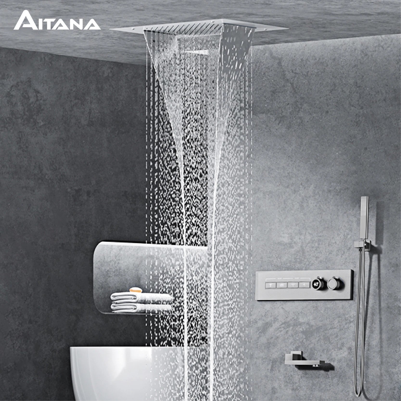 Luxury Black Brass Shower System Wall-Mounted LED Digital Display Design Cold & Hot Dual-Control 4-Function Ceiling Shower Tap