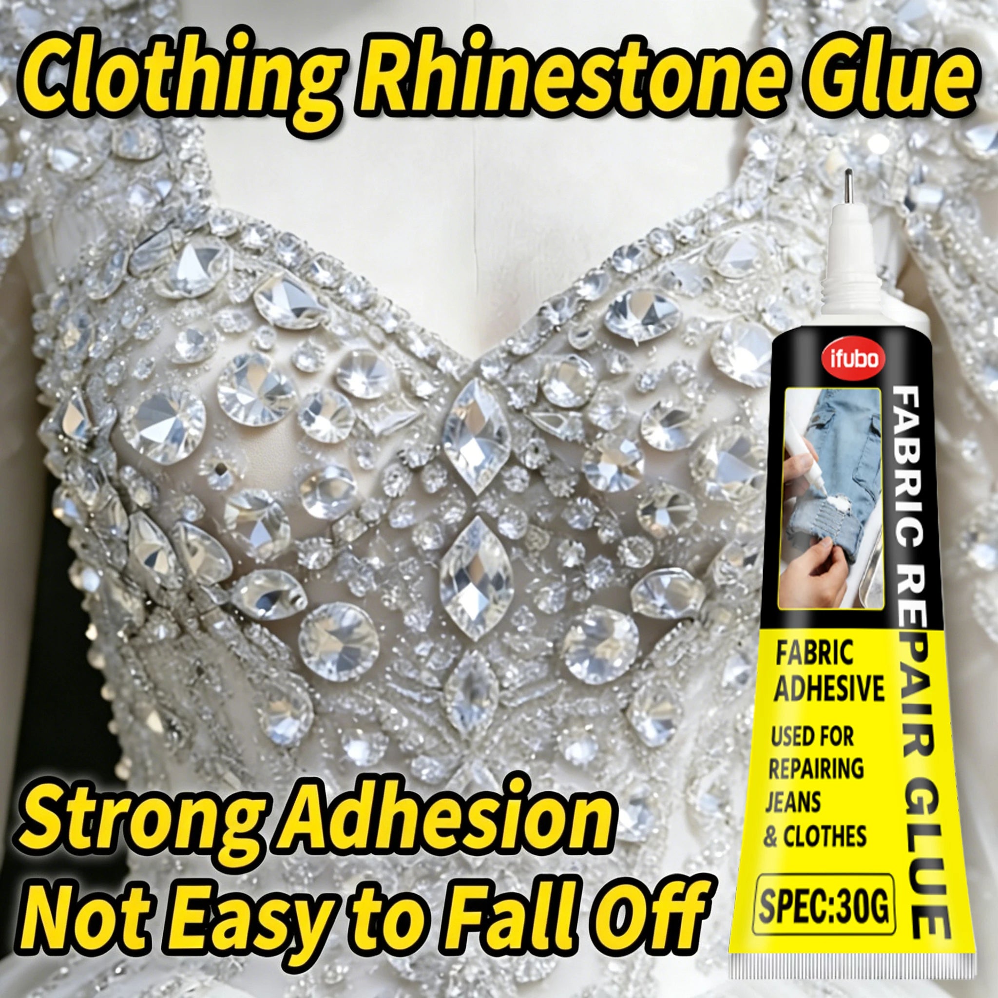 Ifubo Fabric Repair Adhesive 30ml Rhinestone Glue For Clothing Strong Bond Waterproof Washable Clear Glue For Buttons