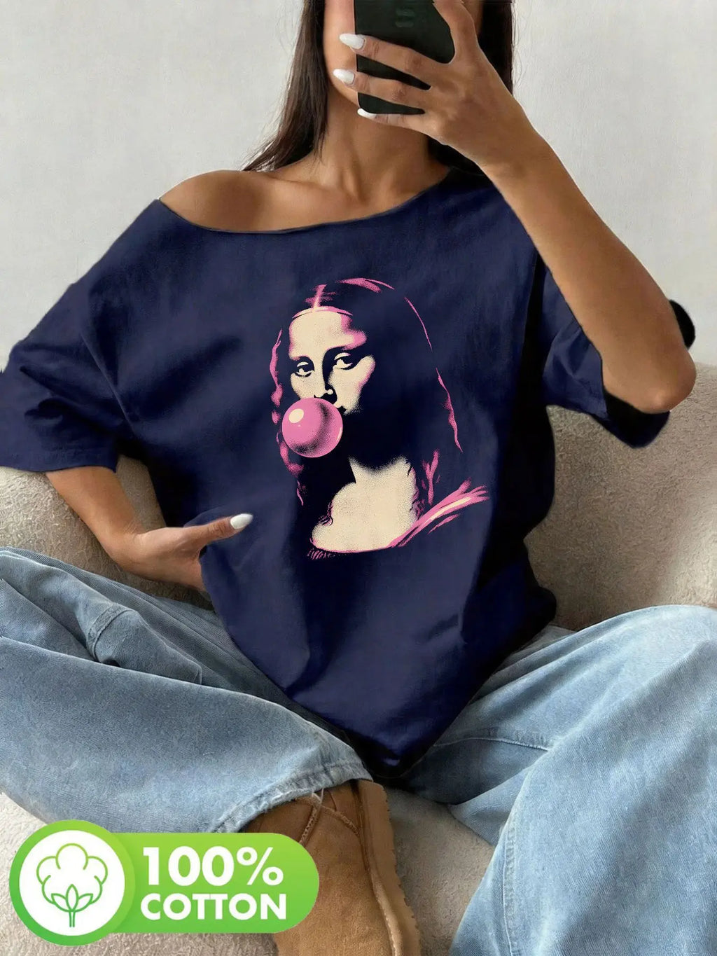 Large Pink Art Mona Lisa Bubble Gum Printed T-shirt with Large Y2K Style Pattern for Women's Top, Summer Off Shoulder Top