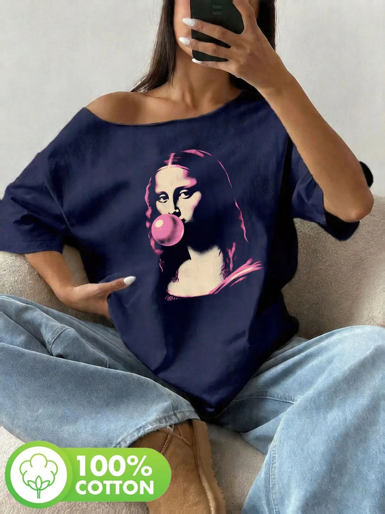 Large Pink Art Mona Lisa Bubble Gum Printed T-shirt with Large Y2K Style Pattern for Women's Top, Summer Off Shoulder Top
