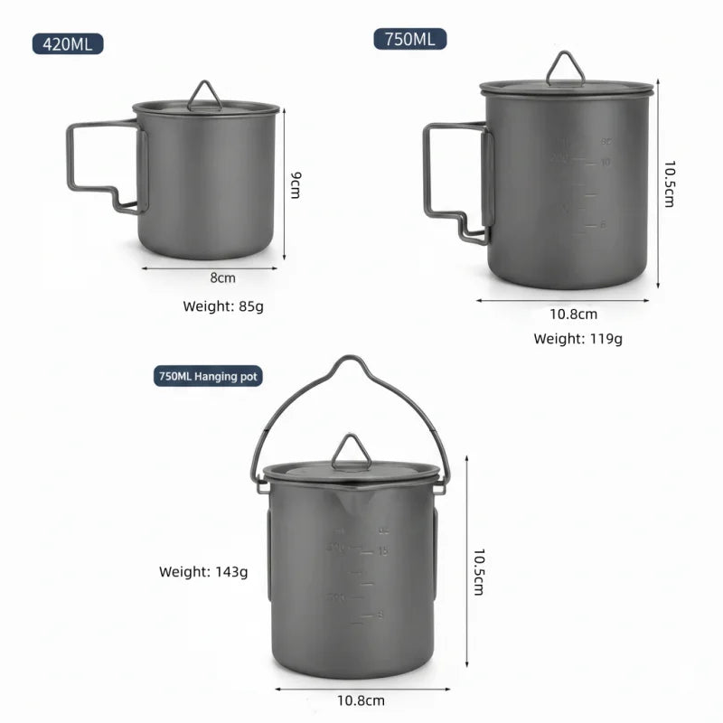 Titanium Camping Cookware Set with Folding Mug (420ml/750ml) and 750ml Pot, Lightweight Portable Outdoor Kit for Hiking Backpack