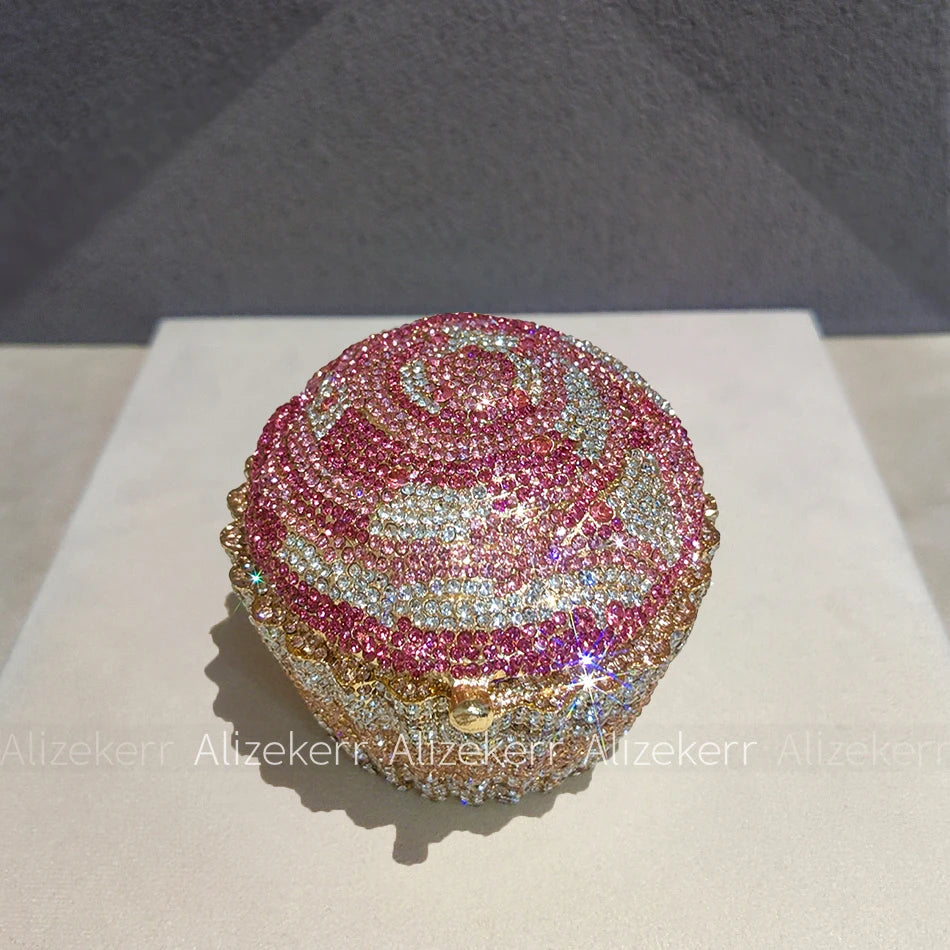 Alizekerr Cupcake Shape Rhinestone Evening Bag Women Chic Sparkly Diamond Mini Metal Clutch Purse And Handbag Wedding Party Prom