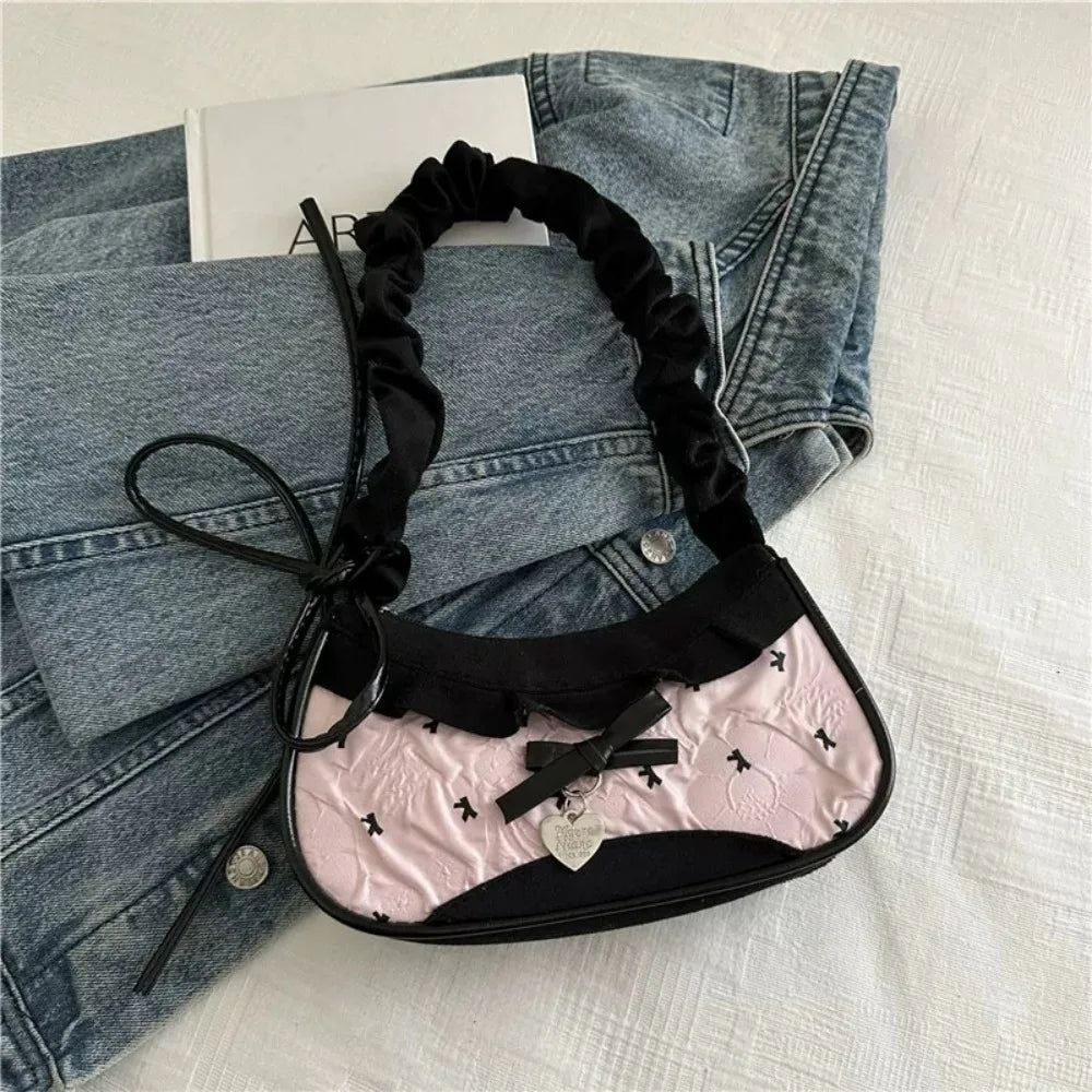 Y2K Grid Bowknot Underarm Bag Women Lace Shoulder Bag Korean Style Aesthetic Handbag Large Capacity Crossbody Bag Fashion Cute