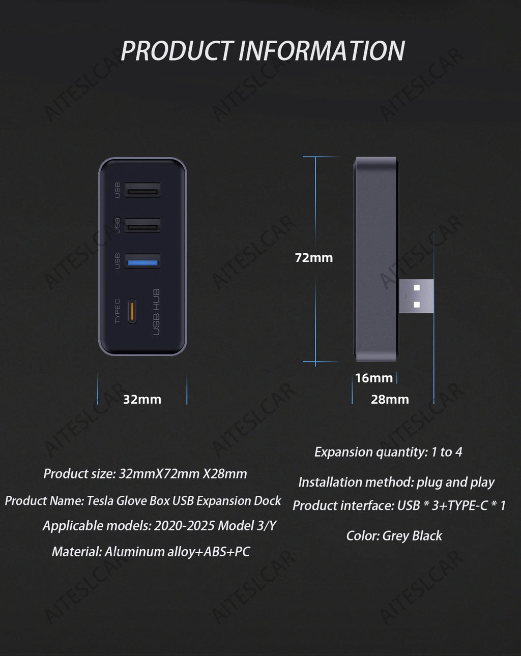 Docking Station USB Hub 4-in-1 for Tesla Model 3 Model Y Glovebox for Dashcam Flash Drive Charger Data Transfer Games Music