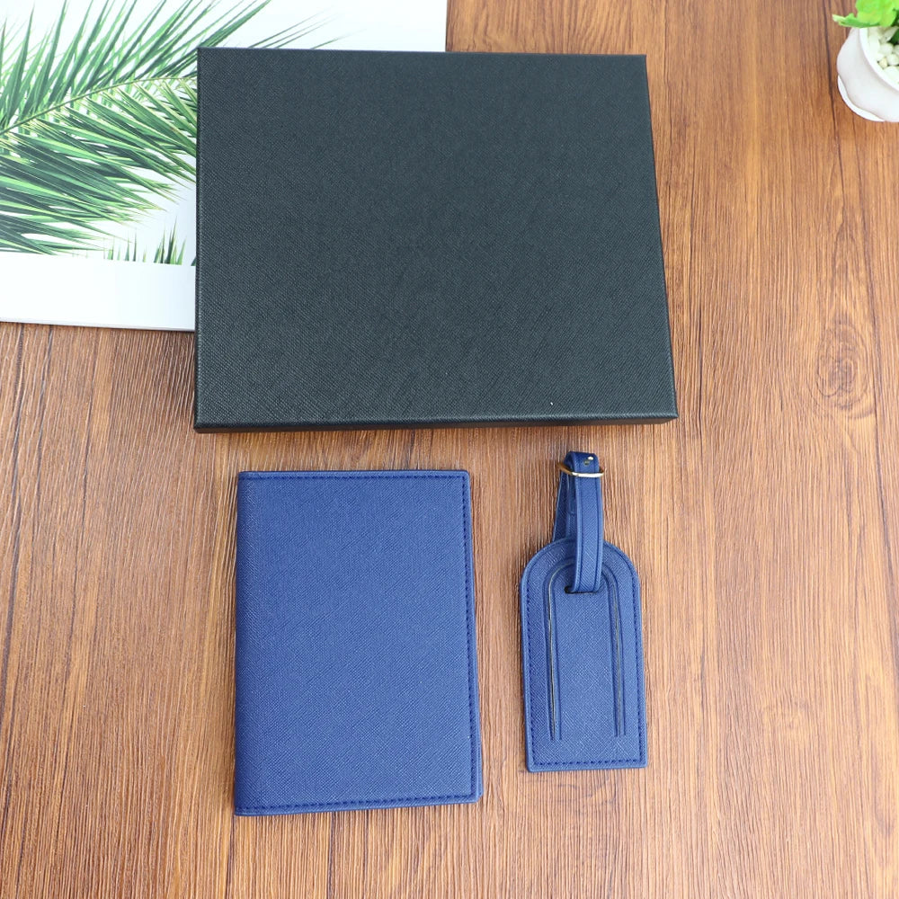 Customized name set, unisex Safiano PU leather passport holder and luggage tag gift box