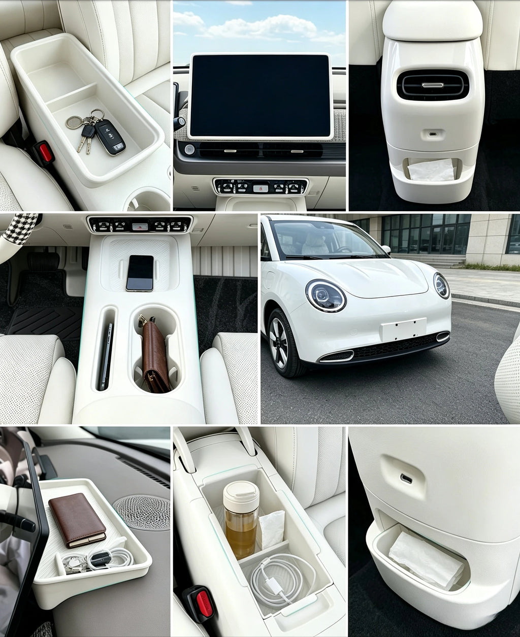 For 2026 GWM ORA 5 Dawn White Armrest Storage Box Under Console Organizer Cup Holder Phone Slot Storage Tray Interior Accessory