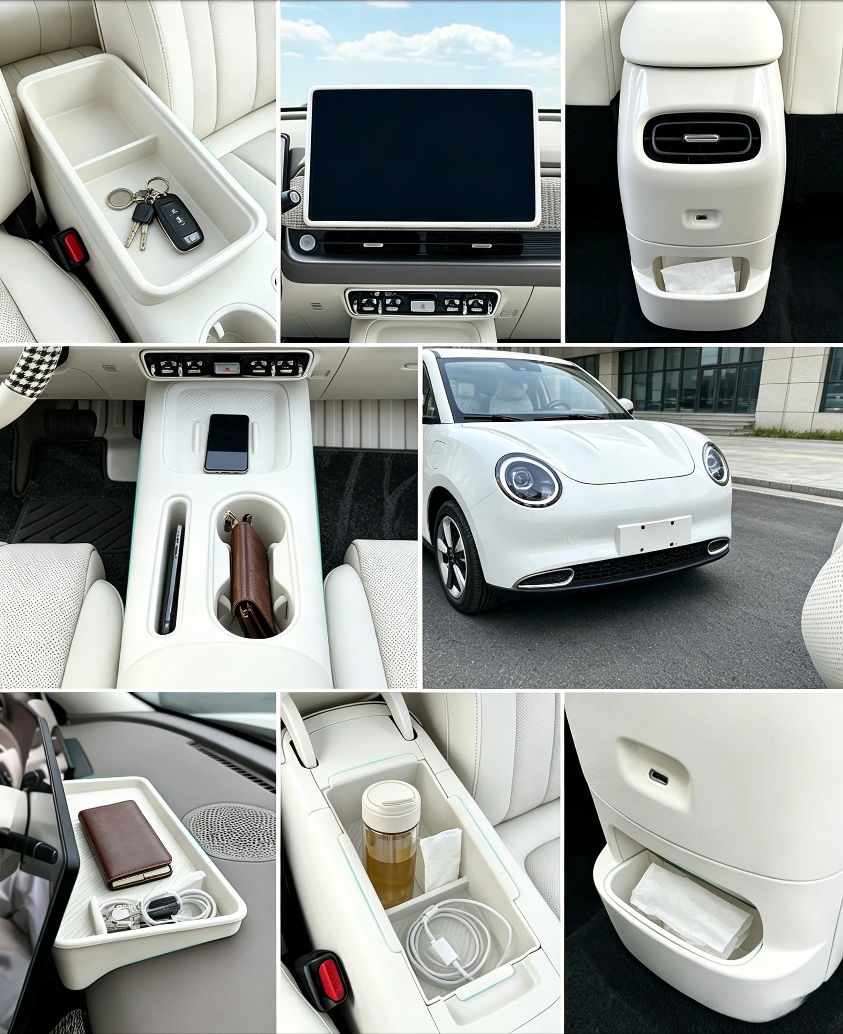 For 2026 GWM ORA 5 Dawn White Armrest Storage Box Under Console Organizer Cup Holder Phone Slot Storage Tray Interior Accessory