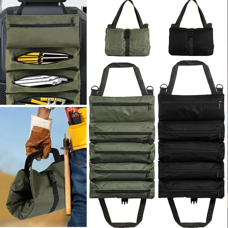 Professional Tool Bag for Mechanics Electricians Carpenters Oxford Roll Up Organizer Garage Storage Portable Multiple Zipper