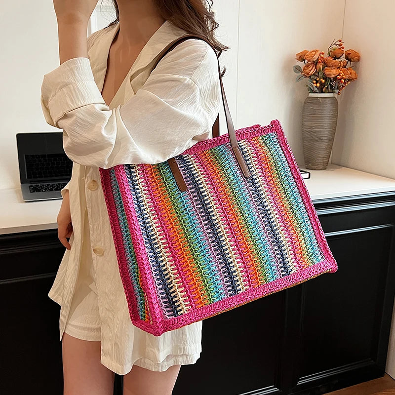 LEFTSIDE Stripe Big Straw Tote Bags for Women 2025 Y2k Fashion Summer Shoulder Bags Handbags and Purses Weave Beach Bag