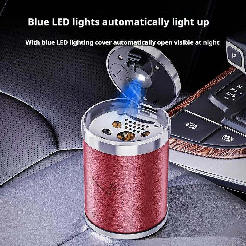 Car LED Ashtray, Light Luxury Leather Appearance, Alloy Liner, Car Ashtray Push Switch, Smart Car Ashtray