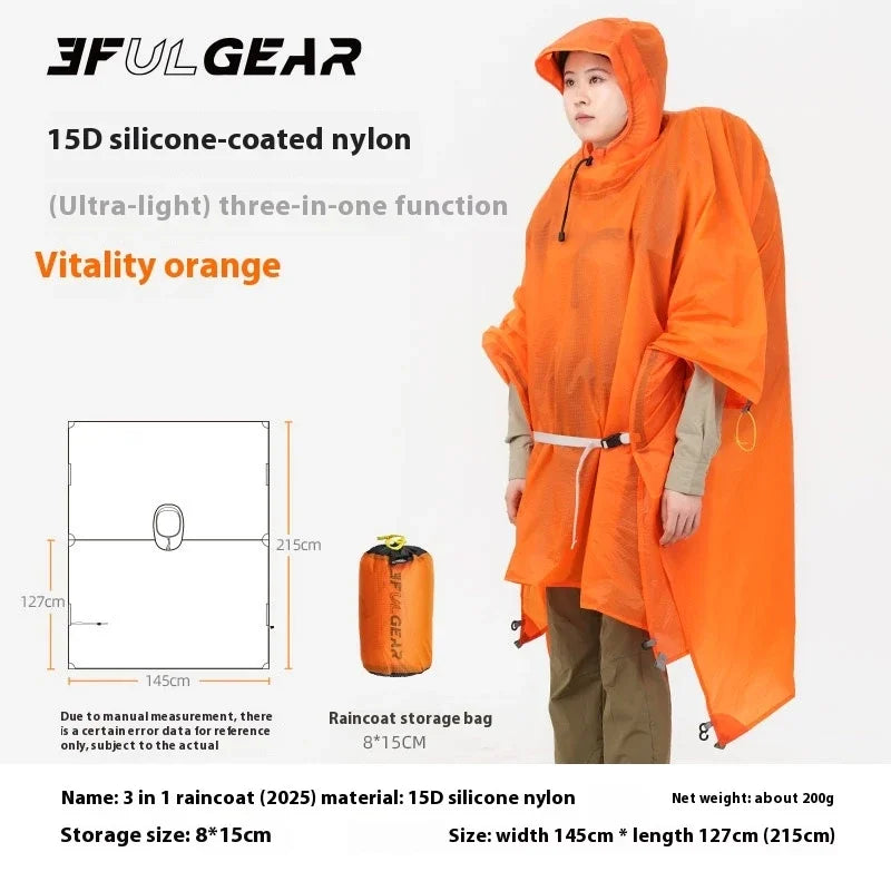 3F UL GEAR 3 In 1 Ultralight Hiking Raincoat Camping Poncho Tarp Outdoor Awning Travel Rain Coats 15D Silicone Rain Jacket Cover