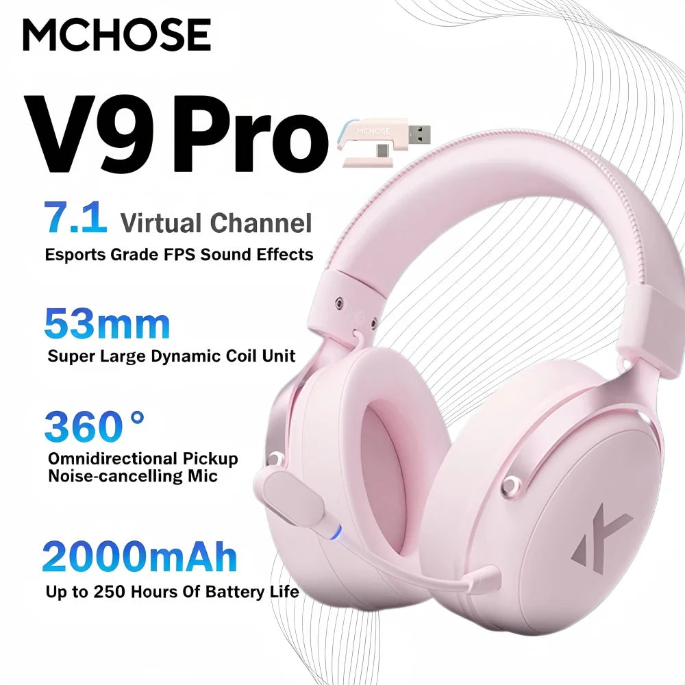MCHOSE V9 Pro Wireless Headset 7.1 Surround Sound 53mm Gaming Headphones Noise Canceling Mic Low Latency Lightweight for PS5 PC SWITCH with Microphone