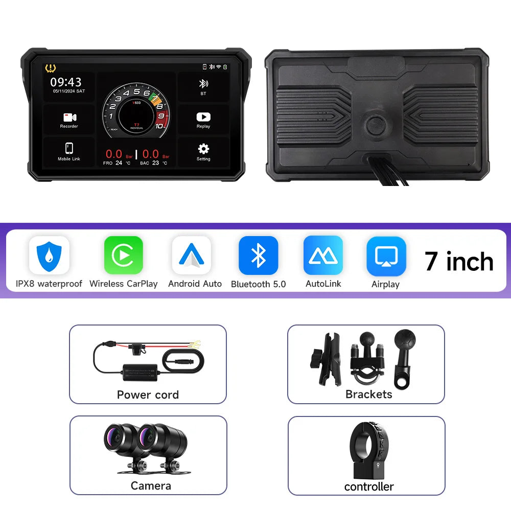 5/7 Inch Portable Motorcycle DVR GPS Navigation IPX8 Waterproof LCD Display For Wireless CarPlay Android Auto Multimedia Player