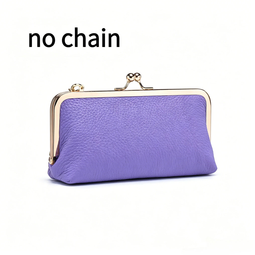 Women's Kiss Lock Clutch Bag, Top Grain Genuine Leather Wallet Large Capacity Travel Clutches with Detachable Chain Strap