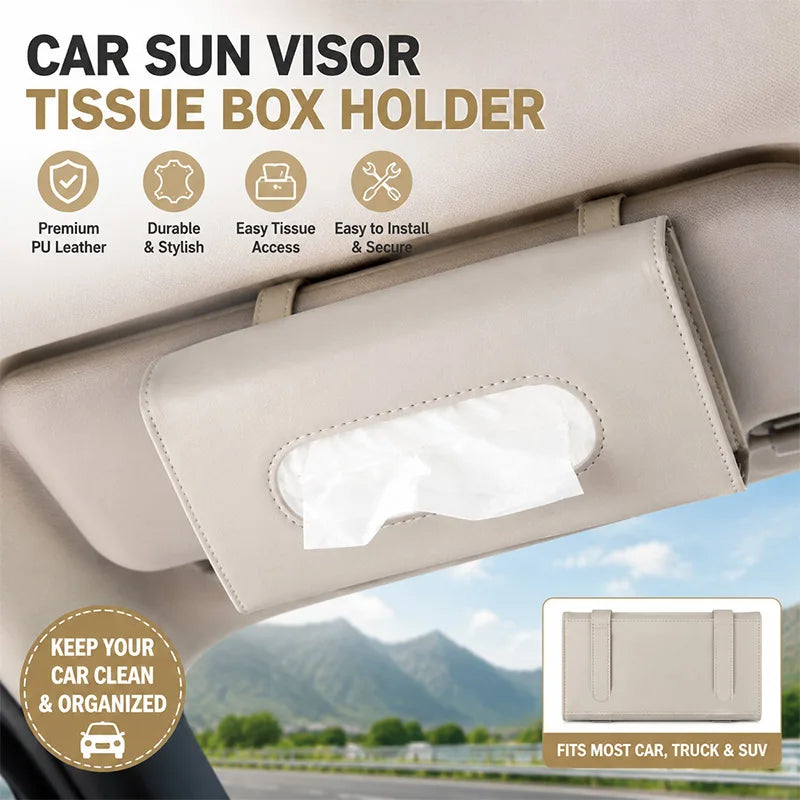 Car Sun Visor Tissue Box Holder - PU Leather Auto Napkin Case, Multi-use for Sun Visor, Dashboard, Armrest, Seat Back