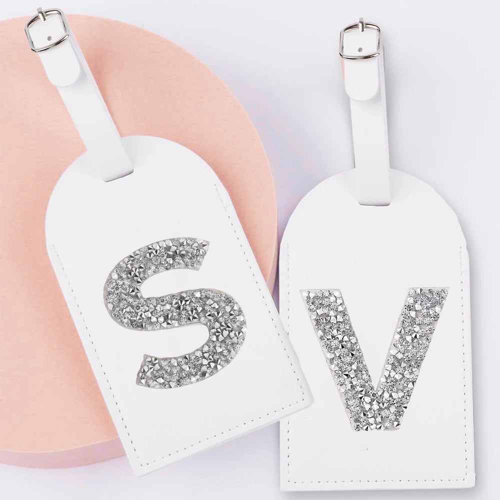 A-Z Rhinestone Monogram Leather Luggage Tag Suitcase Label Baggage Boarding Bag Tags Name ID Address Holder Travel Accessorie