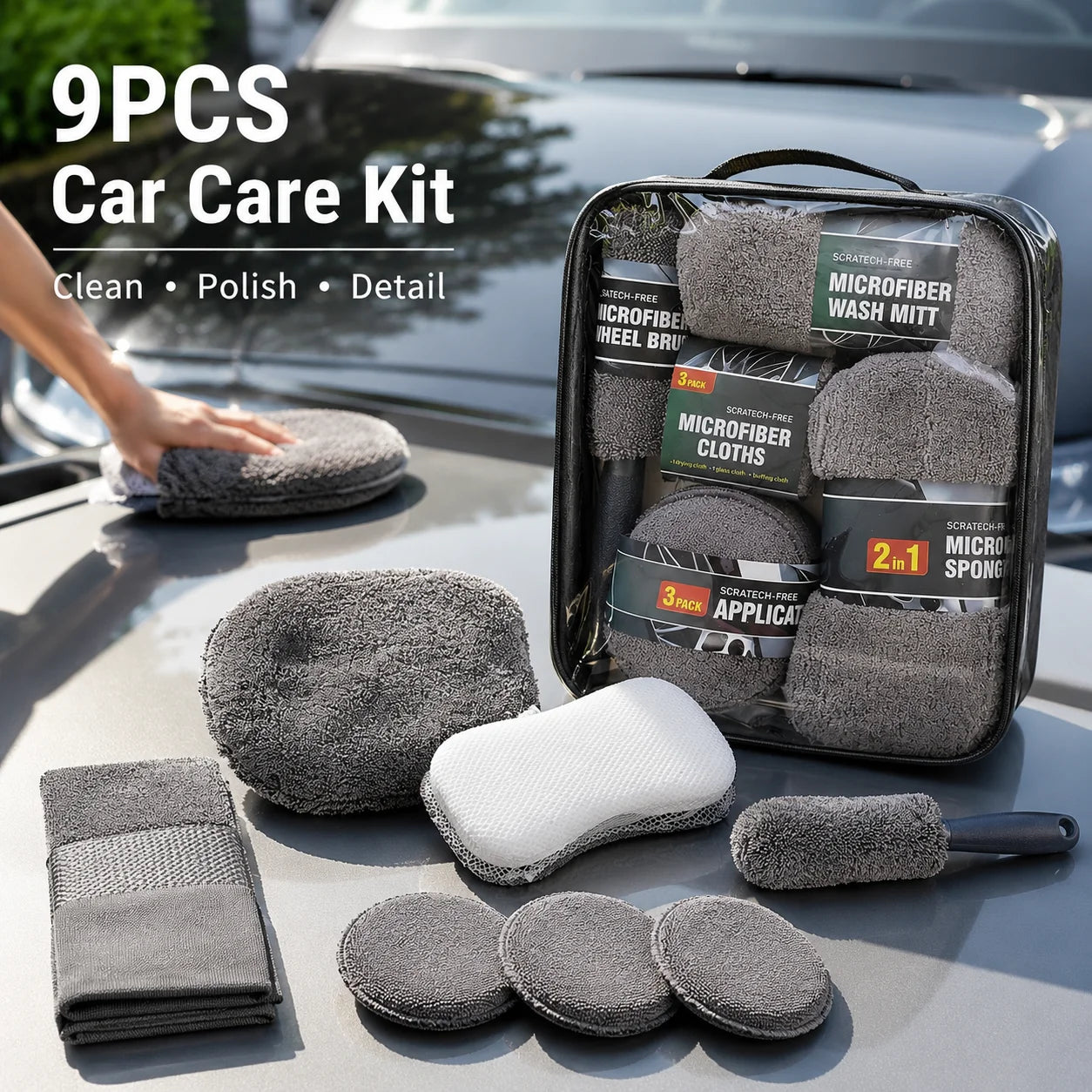6/9Pcs Microfiber Car Wash Kit Scratch Free Auto Detailing Cleaning Tools Set Car Care Wash Mitt Towels Sponge Applicator Pads