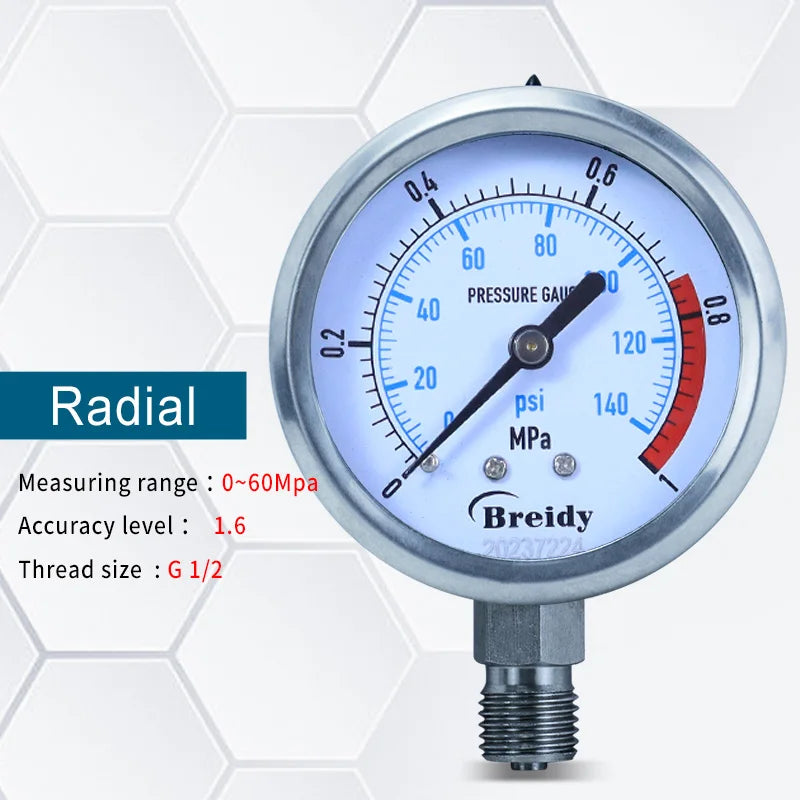 Xin Tester Radial 0-60mpa Hydraulic Water Pressure Gauge Glycerin Free Stainless Steel Anti-vibration Manometer G 1/4 G1/2