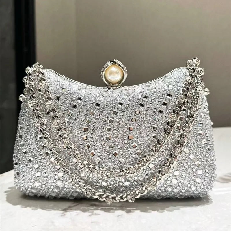 Fine Rhinestone Diamond Inlay Dinner Evening Bag Retro Luxury Gold Silver Blue Small Clutch for Women Wedding Party Shoulder Bag