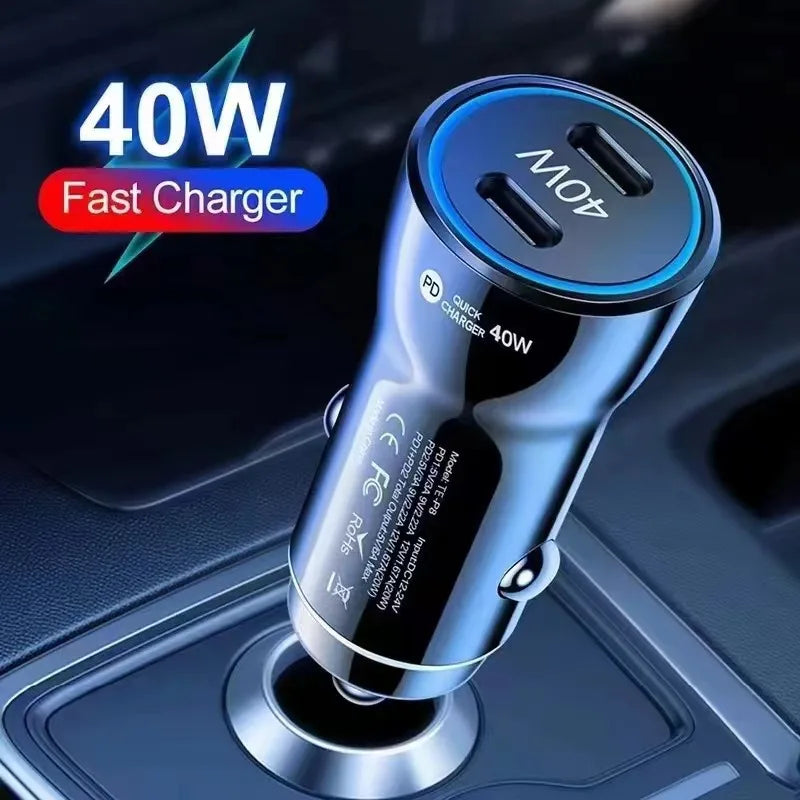 40W PD Dual USB C Car Charger, Mini Fast Adapter with Blue LED Ring For Safe Phone Tablet Dash Cam Navigation Power For iPhone