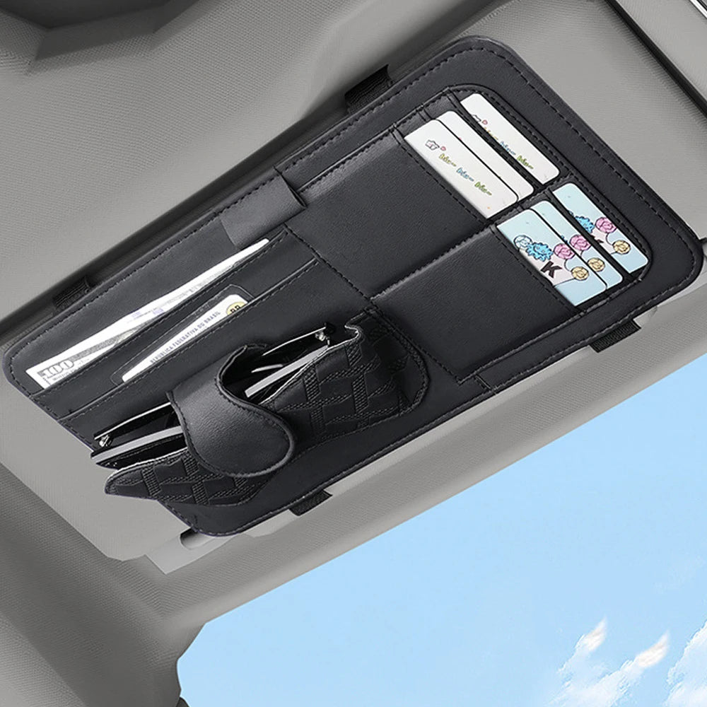 Car Sun Visor Glasses Holder Multi-Pocket Pouch Bag Storage Box Luxury PU Leather Eyeglasses Clip & Card Slots Car Interior