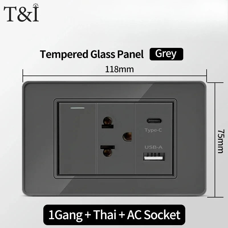 118*75mm Tempered Glass Socket US Wall Socket Grey Thai USB Socket Plug with Dual USB Type-C Ports,Light Switch 110V