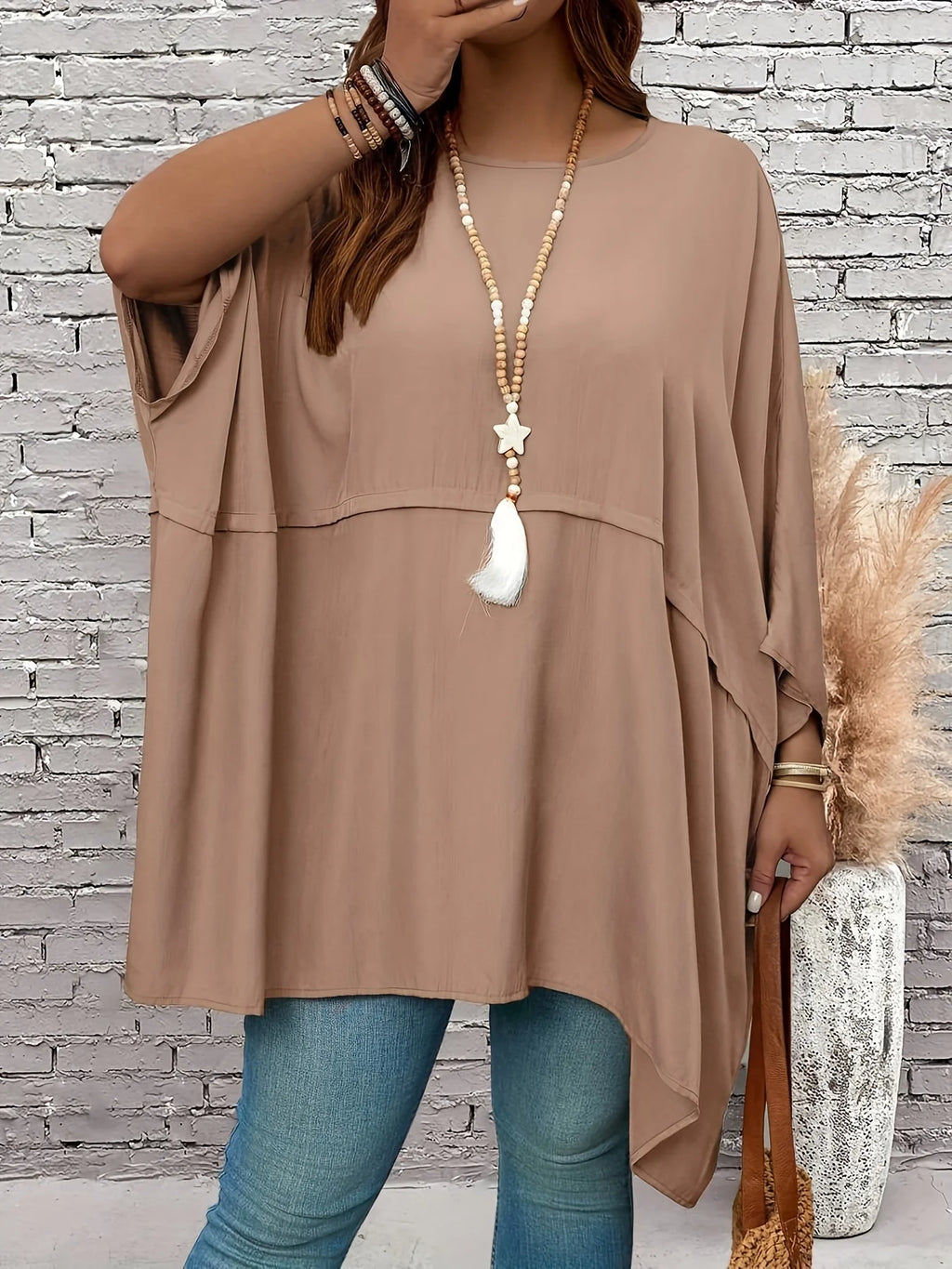 Plus-size women's clothing - solid-color loose crew-neck batwing sleeve top for spring and autumn casual vacations