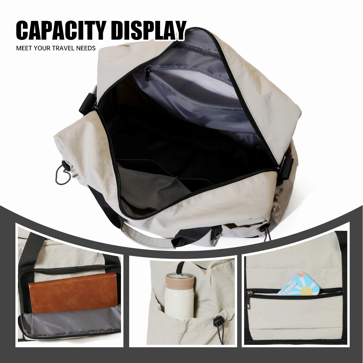 Travel Bag with Large Capacity for Short-Distance Travel, Storage Luggage Bag, Portable Lightweight Crossbody Sports and Fitness Bag for Women, Expandable and Can Be Attached to a Trolley Case