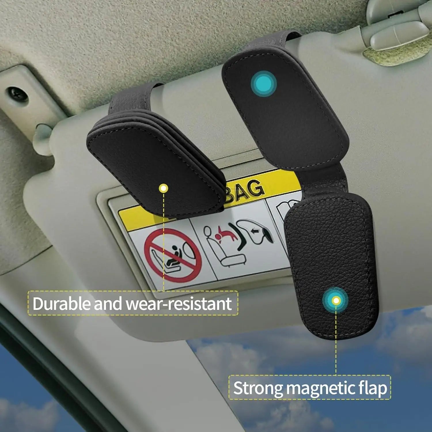 Magnetic Car Sunglasses Holder Clip, Premium Suede Leather Anti-Slip Glasses Organizer, Easy To Install Sun Visor Clip