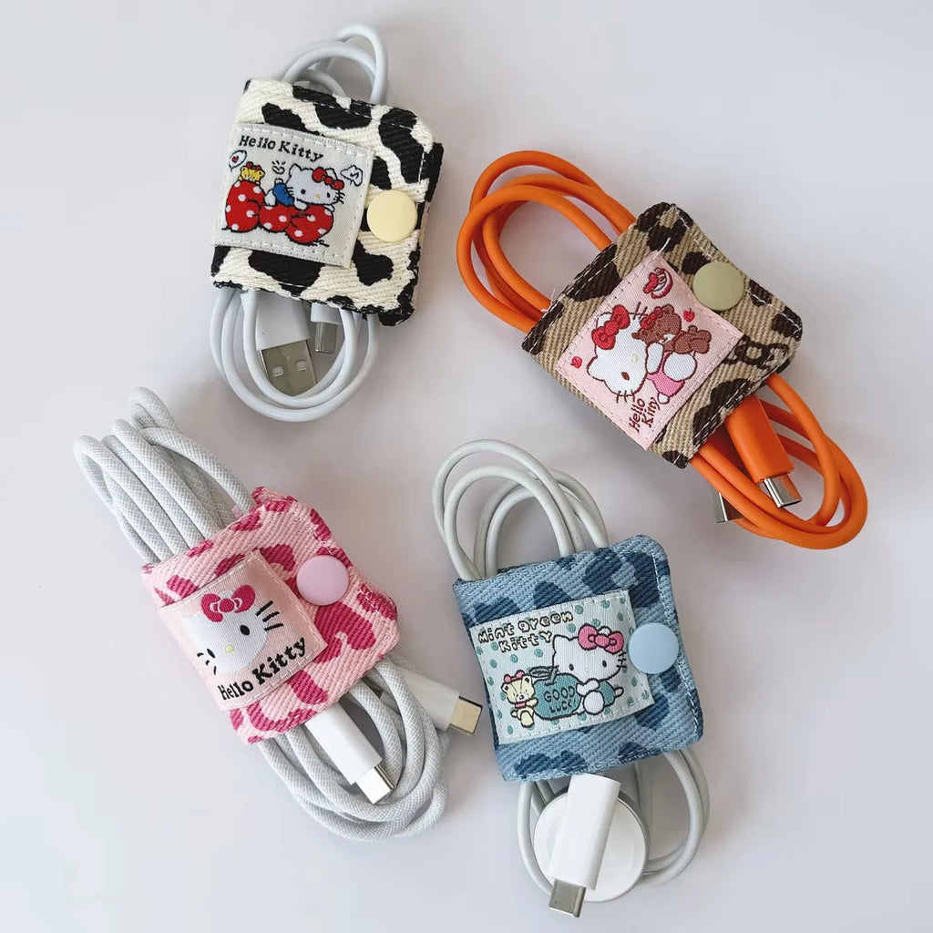 Sanrio Hello Kitty Leopard Print Denim Fabric Data Cable Storage Clip Charging Cable Wired Earphone Brush Storage Gifts for Girl