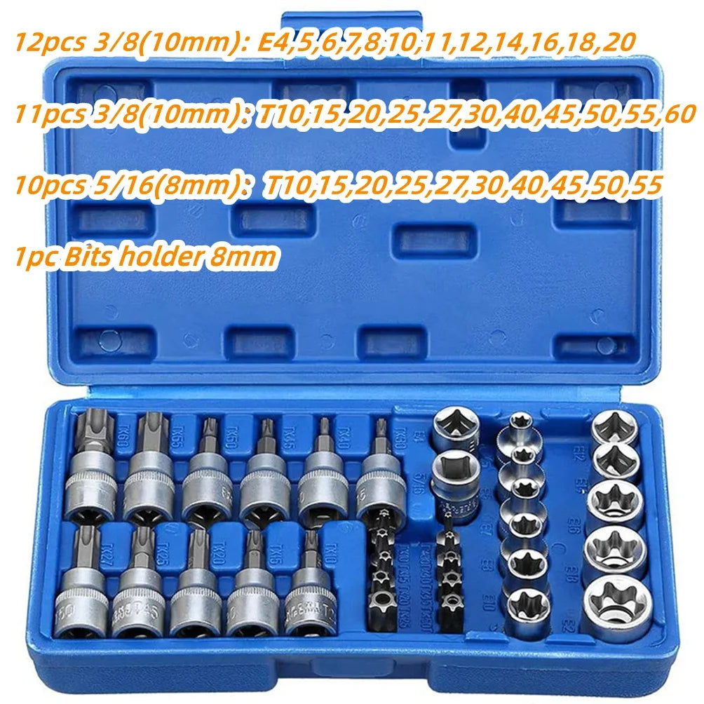 Torx Star Socket and Bit Set Male Female E Security Bits Drive Hand Tool Torque Star Socket Kit Repair Use Auto Garage DIY