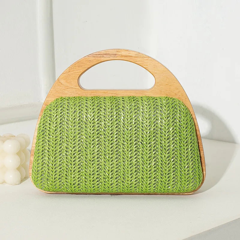New Crescent Solid Wooden Handle Dinner Bag Summer Straw Woven Handbag Chain Shoulder Crossbody Bag Travel Beach Shopper Purses