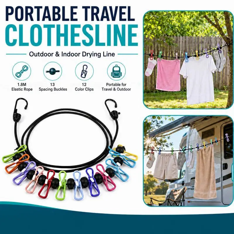Portable Retractable Travel Clothesline 12 Clothes Clips for Indoor Laundry Drying line,Outdoor Camping Accessories