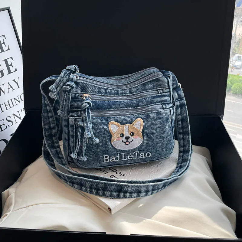 Korean Version Denim Crossbody Bag with Cute Dog Embroidery – Adjustable Strap, Multi-Pocket Small Sling for Women