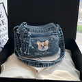 Korean Version Denim Crossbody Bag with Cute Dog Embroidery – Adjustable Strap, Multi-Pocket Small Sling for Women