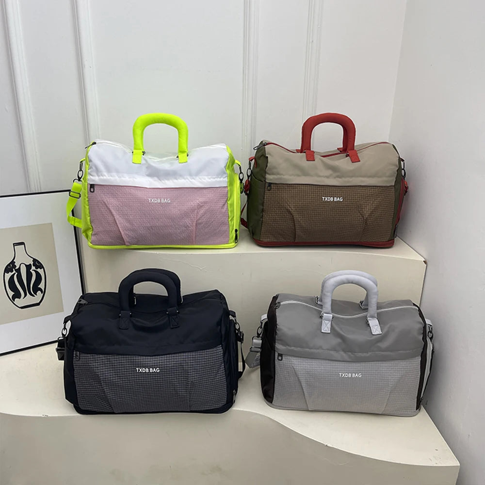 Duffle Bag Travel Handbag Detachable Shoulder Strap Grid Splicing Expandable Storage Bag for Weekend Trip Sightseeing Outing