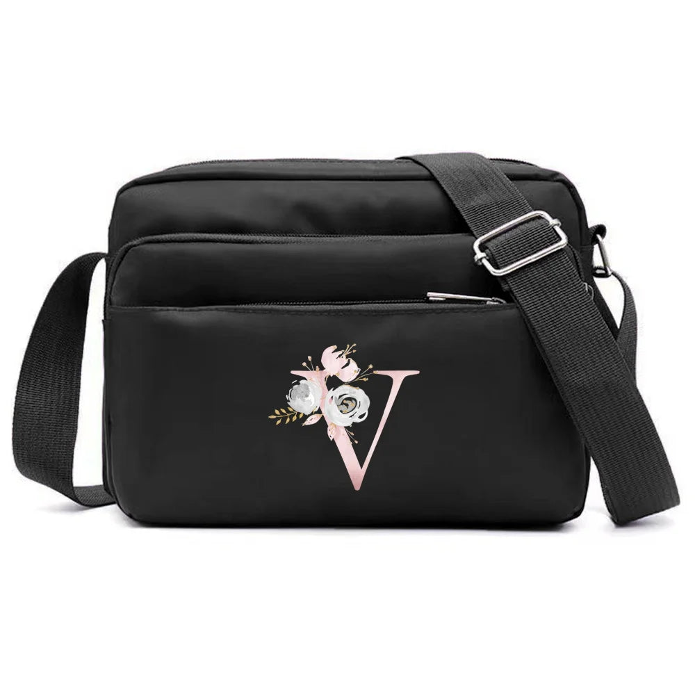 New Simple Black Storage Bag Multi-layer Travel Leisure One Shoulder Crossbody Bag Pink Flower Letter Series Printing Pattern