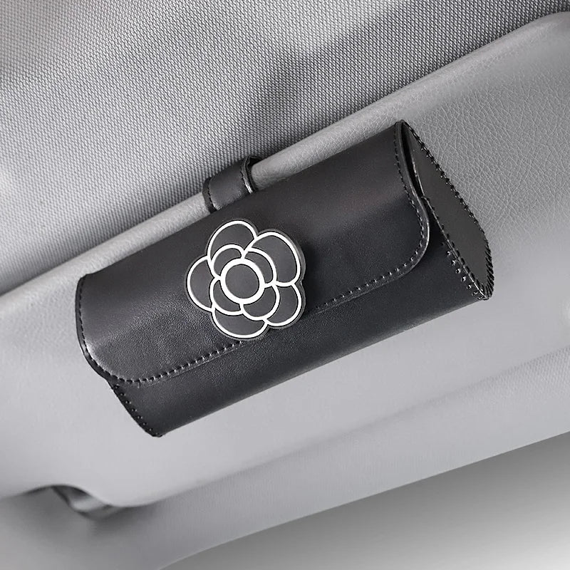 Camellia Flower Leather Car Glasses Holder Universal Sunglasses Case Sunshade Organizer Storage Box Auto Interior Accessories