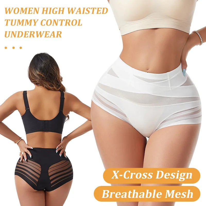 Seamless Panties High Elastic Nylon Crossover Waist Tummy Control Underwear Cross Slimming Whole Day Comfort Triangle Panties
