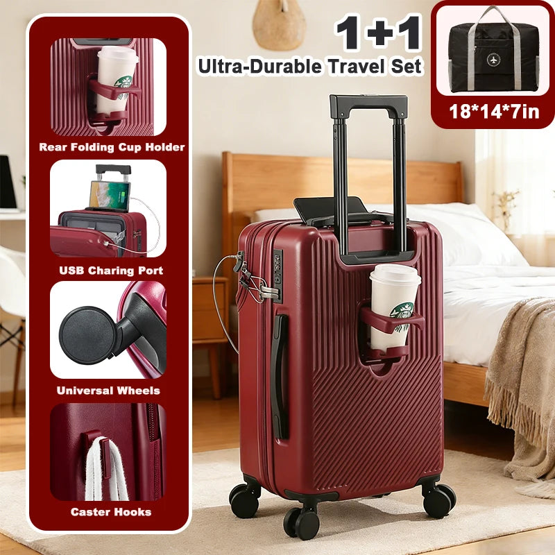 20in carry on luggage+luggage Bag Set, with cup holder and charger, with 360°Spinner Wheels TSA Lock and Adjustable Telescopic Handle Durable Travel Suitcases