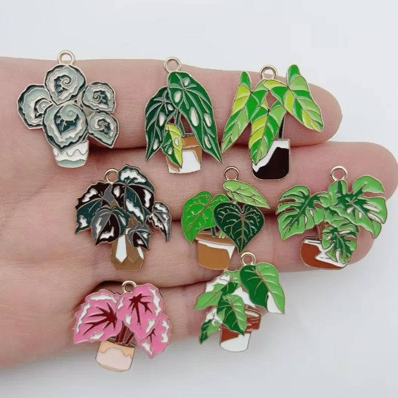 10pcs green succulent potted DIY accessories, banana leaf alloy pendants, keychains, earrings, hair accessories
