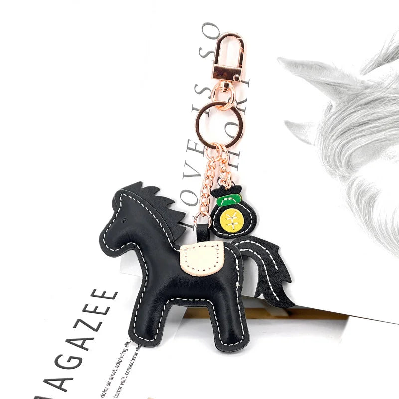 New Trendy Cow Leather Pony  Key Ring Handbag Pendant Cute Horse Keychain Luggage Bag Parts Accessories