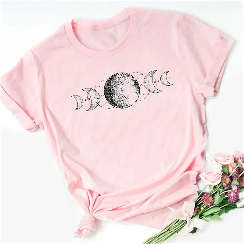 New Fashion Black Tops Funny Female T-shirt Casual Tee Woman Clothes Y2k Cute Tops Moon PrintWomen Harajuku Summer T Shirt Girl