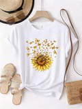 【WZM101379】Creative sunflower print plus size women's round neck summer casual short sleeved street fashion versatile T-shirt