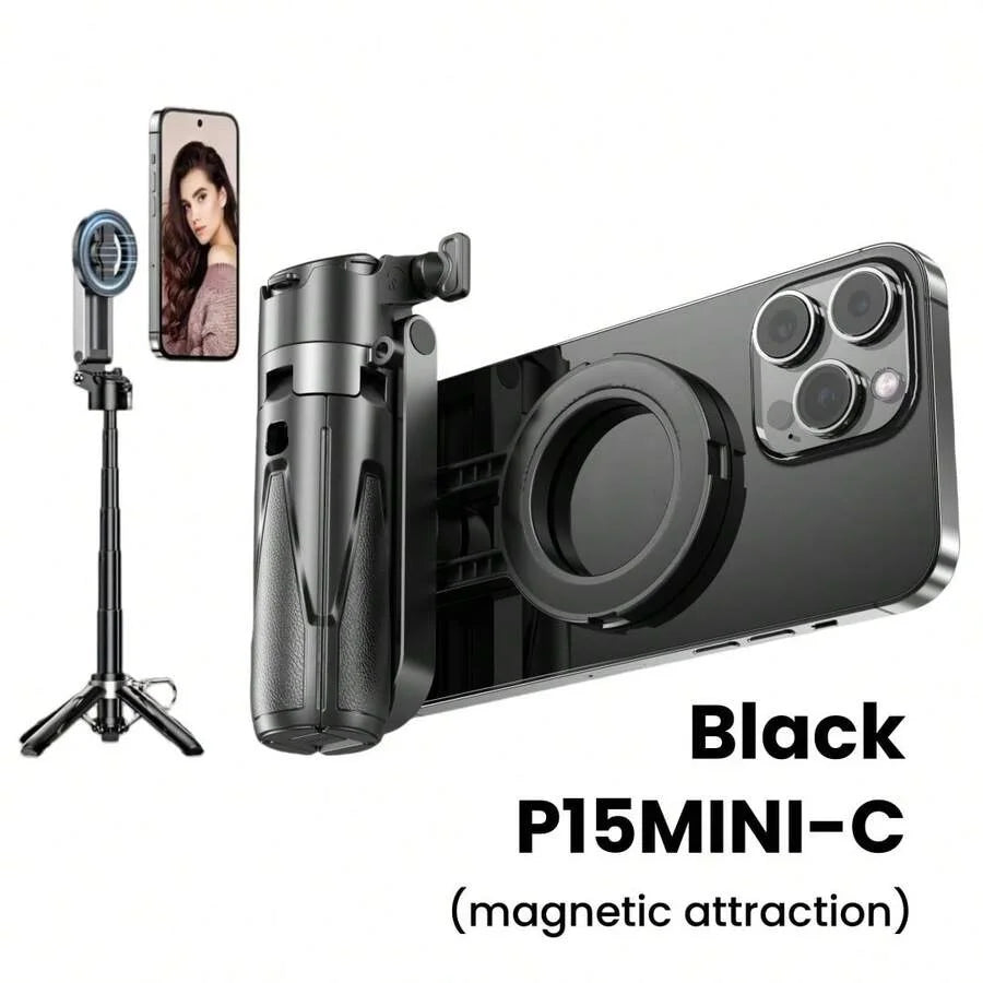 P15MiNi-C Upgraded Magnetic Model: Portable, multifunctional selfie stick, ideal for travel, live streaming, and selfies; smartphone tripod; made of aluminum alloy and ABS; 47.5 cm / 18.7 inches; 193 grams; Type-C charging wi