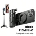P15MiNi-C Upgraded Magnetic Model: Portable, multifunctional selfie stick, ideal for travel, live streaming, and selfies; smartphone tripod; made of aluminum alloy and ABS; 47.5 cm / 18.7 inches; 193 grams; Type-C charging wi